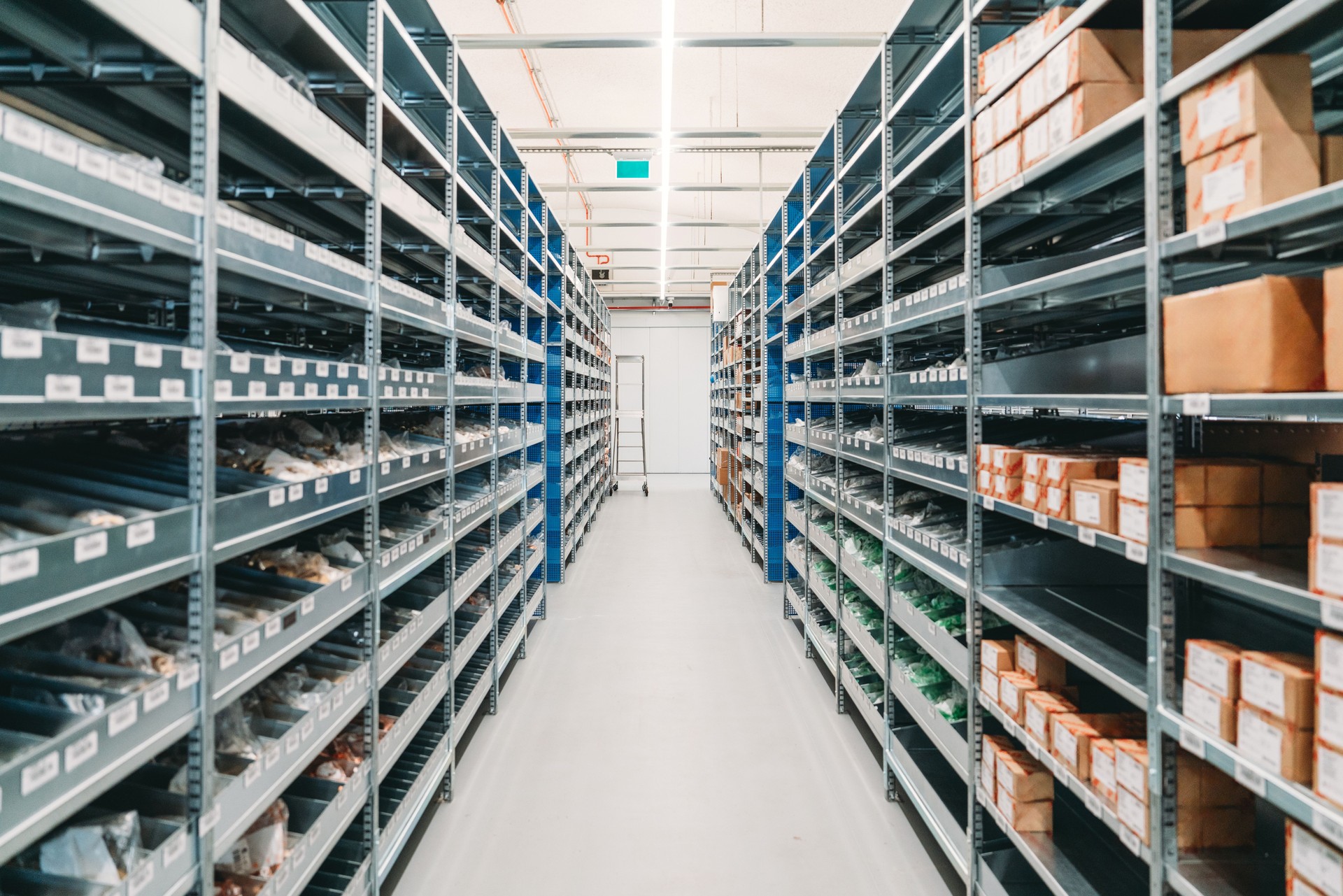 Interior shot of a warehouse with many shelves